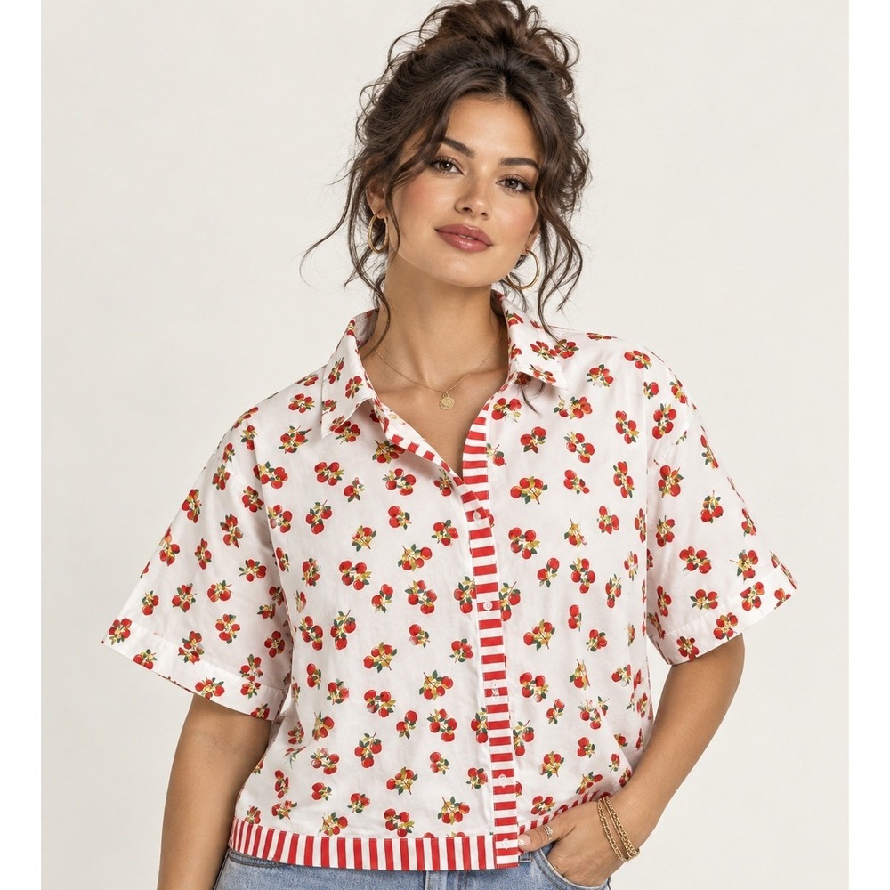 Market & Spruce Court Boxy Crop Cotton Shirt White Red Cherry Print XXL NWT